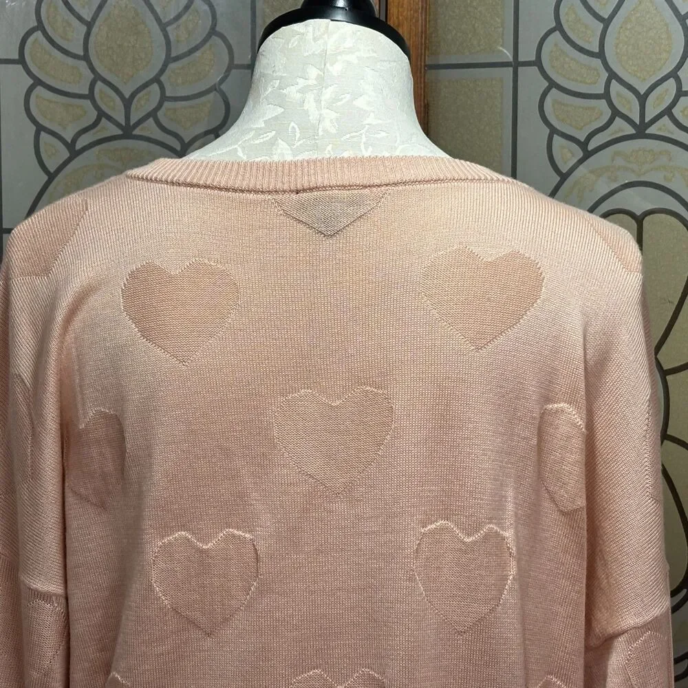 Torrid Jacquard Blush Pink V-Neck Heart Pull Over Sweater Hi Lo Hem Plus Size 1X